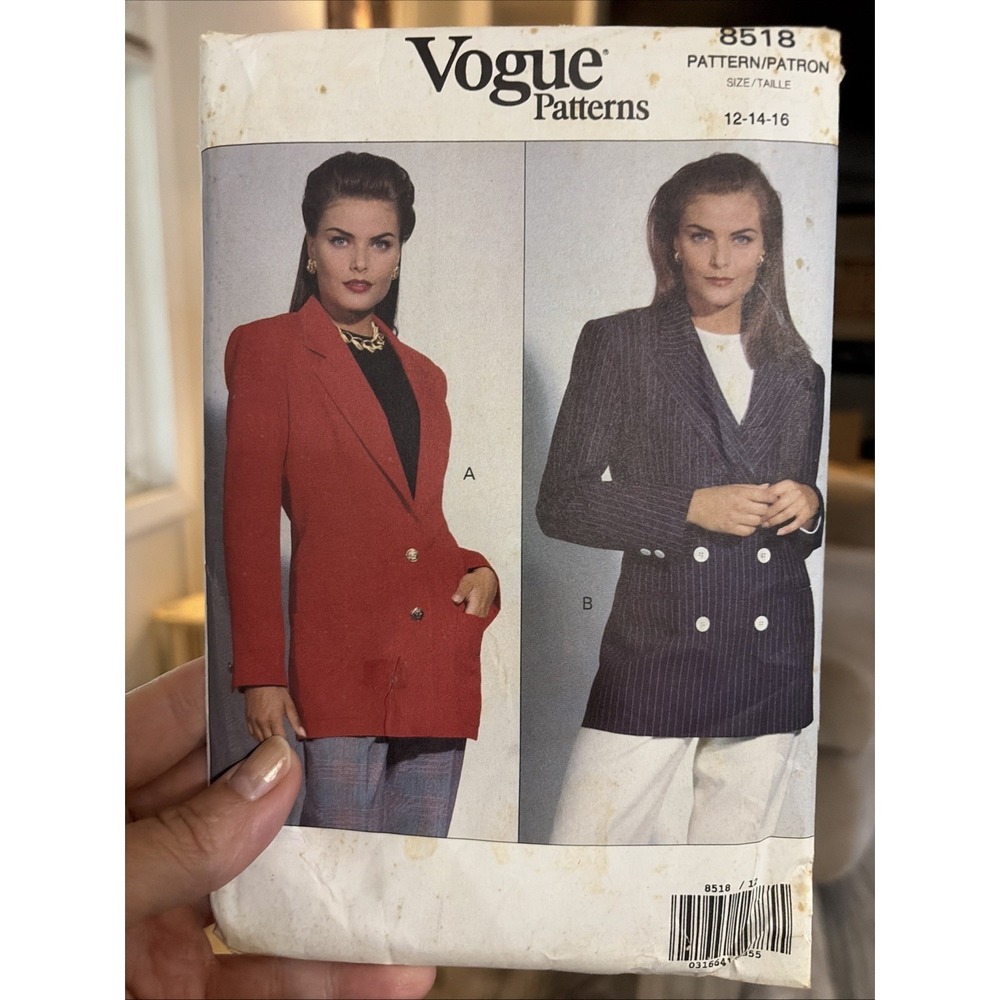 Vogue 8518 Blazer Jacket Sewing Pattern Notched Collar Sz 12-16 Uncut 90s